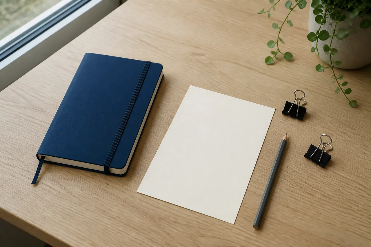 Ein geschlossener Planer, ein unbeschriebenes Blatt und ein Bleistift auf einem hellen Tisch.