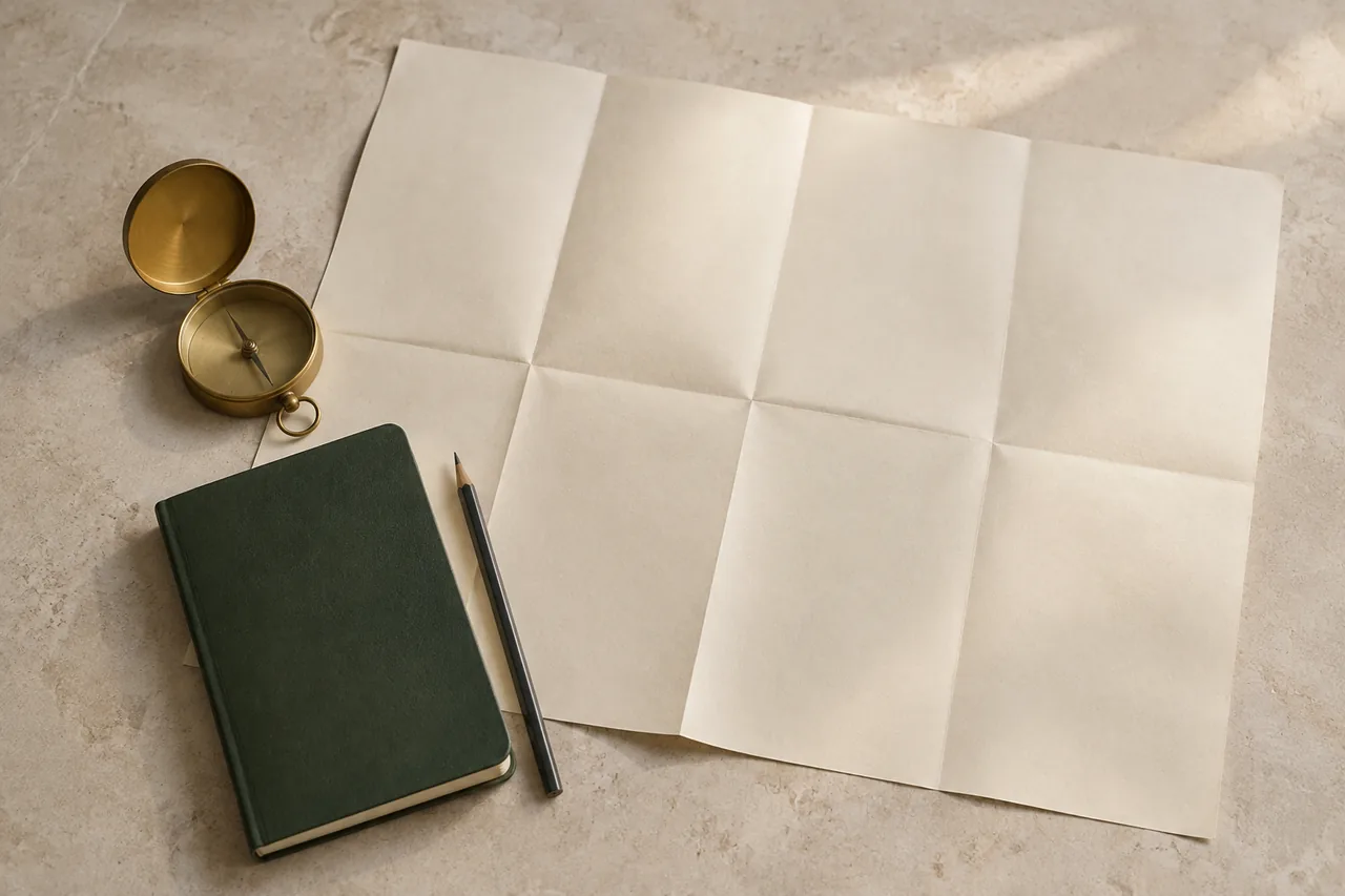 Ein unbeschriftetes Faltpapier, ein Kompass und ein geschlossenes Heft als Sinnbild für Orientierung.