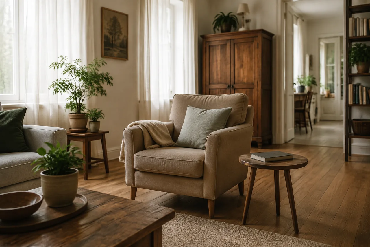 Un fauteuil, un livre fermé et une table d’appoint dans un salon lumineux.