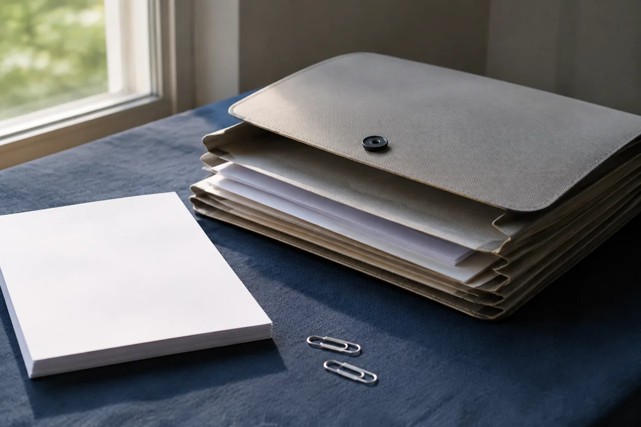 Une pochette de classement entrouverte et des feuilles vierges sur une table bleue.