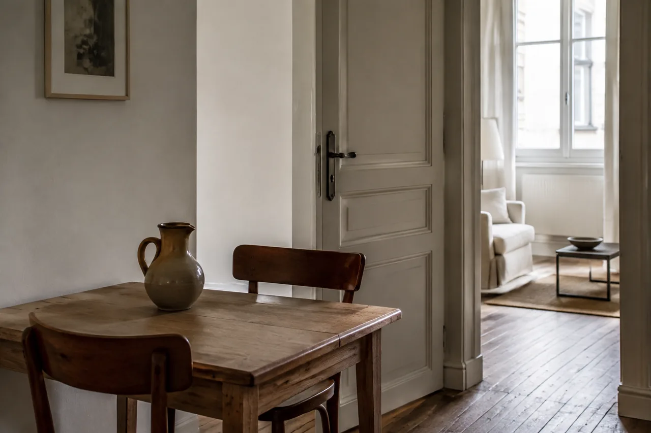 Une petite salle à manger et une ouverture vers un séjour, dans un intérieur générique.